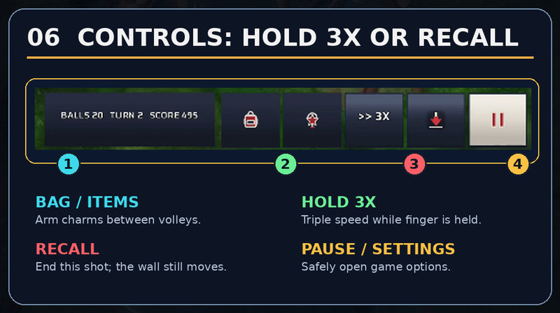 Bag, Items, 3X Speed, Recall and Pause controls